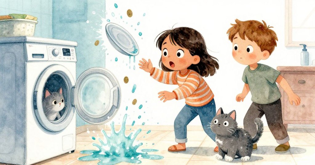 銅板終於鬆開，冷水猛然噴灑，Luna驚訝探出門望向陽台，灰貓靜臥機旁，情節達到高潮。