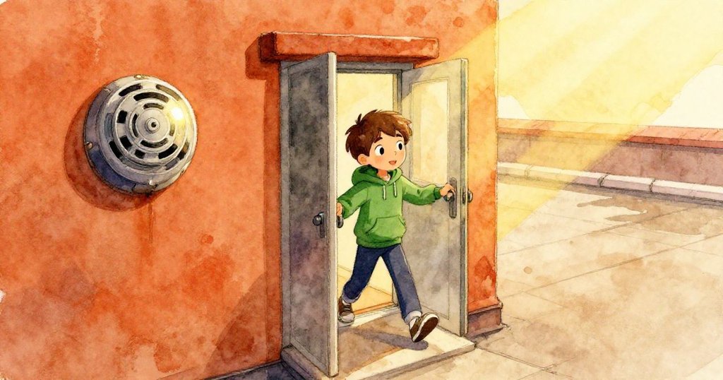 Sage從樓梯門口跨出，屋頂上陽光明媚，他手持綠色貨繩，臉上流露出堅定與好奇，場景充滿活力。