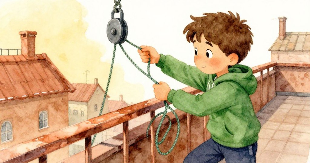 Sage專注地將綠色貨繩穿過金屬滑輪，他雙手靈巧操作，背景中隱約可見學校花園，充滿創新活力。