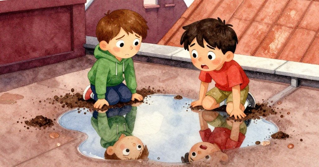 濕漉漉的土壤灑落在屋頂，小水窪中映出Sage與Kane憂心忡忡的表情，細節豐富且充滿戲劇性。