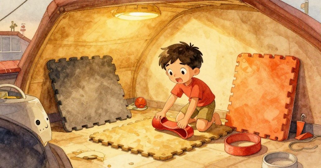 Kane在轉換成工作室的屋頂儲藏室中整理泡沫墊和紅色運動帶，他專注動作，營造出平靜有序的氛圍。