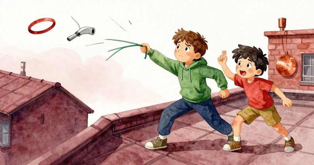 Sage與Kane在屋頂上處於緊張瞬間，Sage奮力按住斷裂的貨繩，紅色帶子猛然飛起，金屬口哨發出刺耳聲響，情緒激昂。