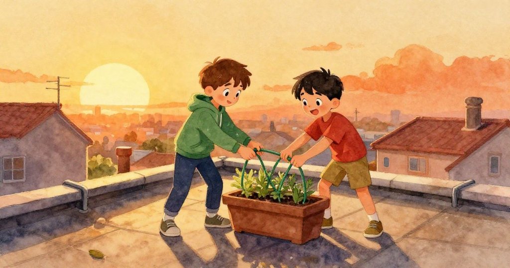 在金色夕陽下，Sage和Kane齊心協力修復貨繩及花盆，屋頂上水滴輕輕響起，畫面溫暖寧靜，充滿重生希望。