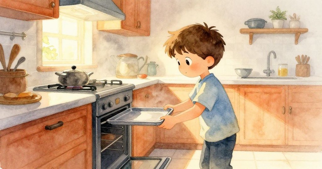 布雷克在溫暖廚房中開啟烤箱, 提起金屬托盤, 柔和晨光與霧氣伴隨, 流露期待與好奇