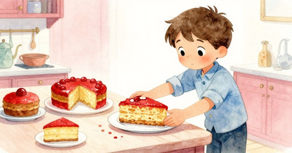 布雷克細心將蛋糕放入盤中, 旁邊糖粉灑落閃耀, 手部動作細膩, 充滿希望與關懷