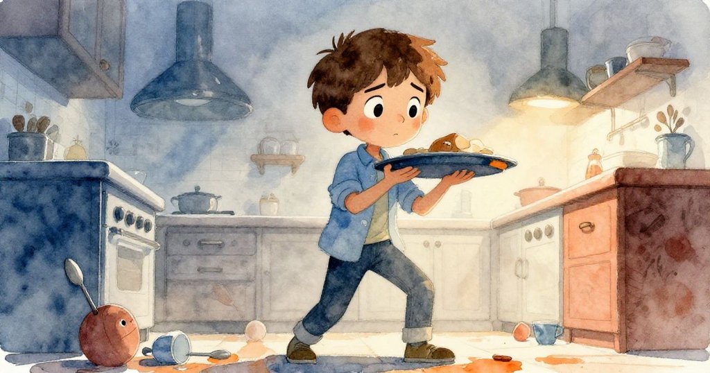 低角度展現布雷克穩定托盤, 廚房中湧現灑落的湯匙與滾動的杯子, 表情堅定, 氣氛凝重而溫馨