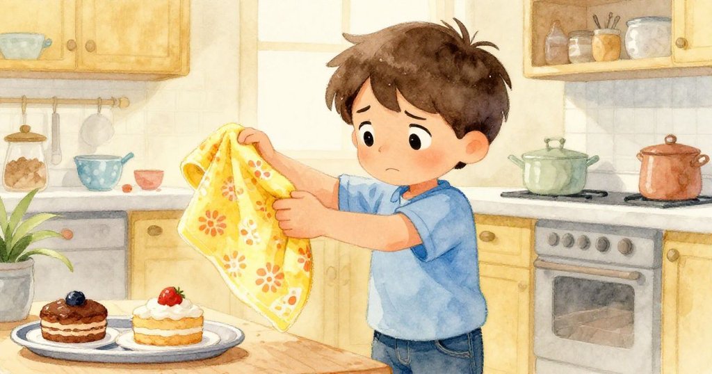 布雷克專注調整手中毛巾, 近拍展現其細膩表情與輕微沮喪, 拯救蛋糕托盤上的意外混亂