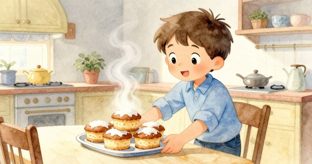 布雷克滿懷微笑將托盤放於餐桌上, 蒸氣緩緩上升, 拿起餐叉迎接新開始, 表情溫柔充滿希望