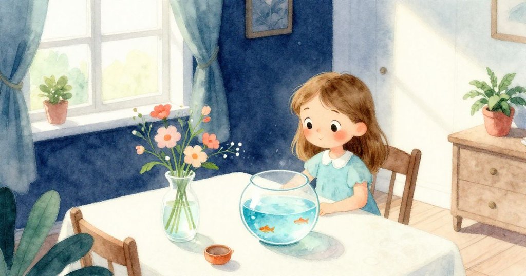 在明亮溫馨的房間中,June 坐在桌旁,注視著裝有魚和花卉的場景,從鳥瞰角度呈現出故事的開始,充滿期待。