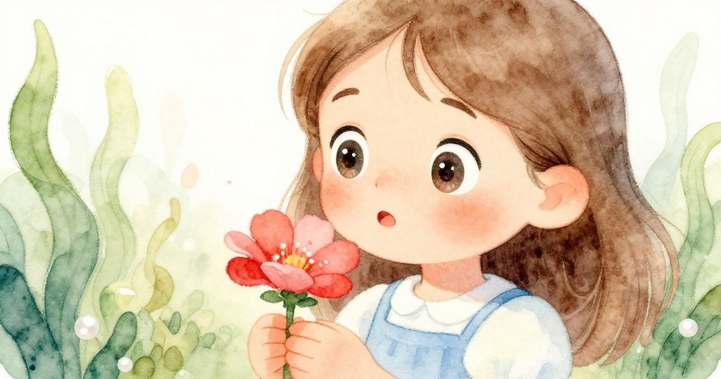 June 的眼睛充滿期待地注視著紅花,畫面聚焦臉部細節,展現出故事發展初期的柔和情感。