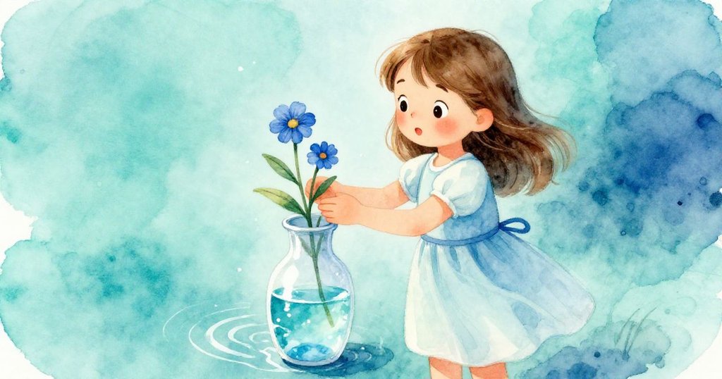 June 輕輕將修剪過的藍花置於充滿閃光水滴的花瓶中,水面反射映出細膩光影,描繪發展中的調整與用心。