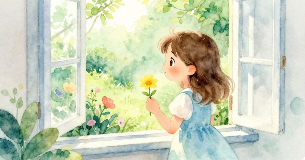 在溫暖房間中,June 手持黃花望向窗外的綠意花園,室內外光影交融,象徵著從室內平靜過渡到大自然活力的發展。