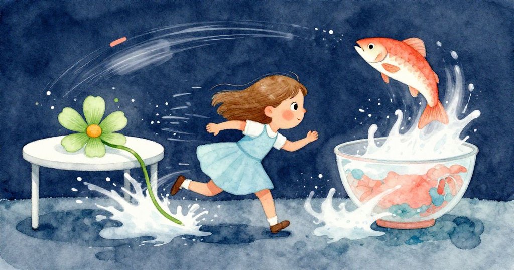 水花四濺中,June 迅速追趕著滑動的綠花,魚兒在水中急速躍起,畫面充滿動感與緊張,展現故事高潮。