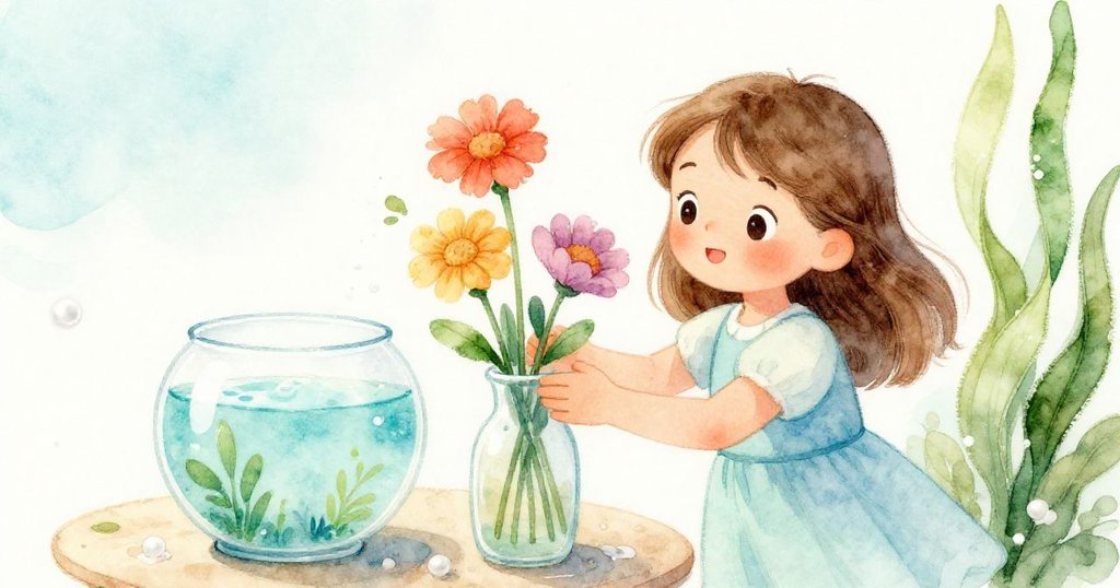 June 小心翼翼將三朵亮麗的花插入花瓶,魚兒靜臥在魚缸中,她滿懷希望地注視前方,畫面溫暖平靜,迎向新的開始。