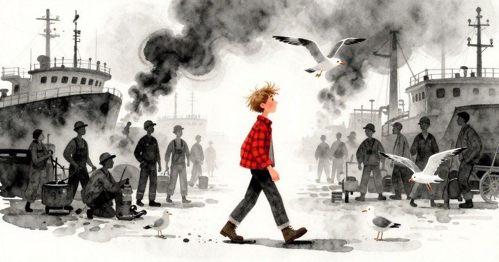 芬恩在繁忙碼頭中穿越人群，邊走邊檢查半建造的帆船，海鷗飛舞，表情堅定，背景有霧氣與忙碌氣氛