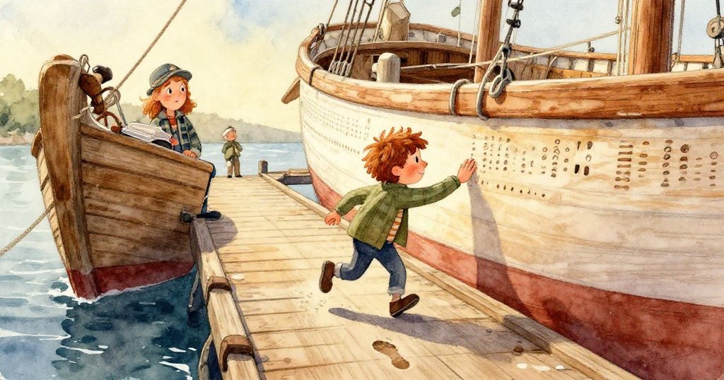 芬恩檢查的木板特寫，濕潤腳印清晰可見，木紋細膩，旁邊金屬星形餅刀隨風輕輕搖晃，神秘且細緻