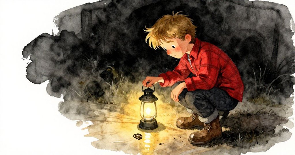 芬恩停下仔細察看濕潤腳印，臉龐被燈光照亮映入潮濕木材，表情充滿疑惑與沉思