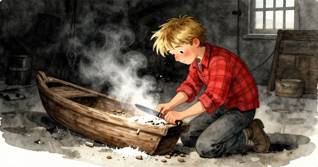 芬恩跪在濕潤木板旁，手持開口小刀修剪碎木屑，周圍有稀薄霧氣彌漫，神情專注且堅毅