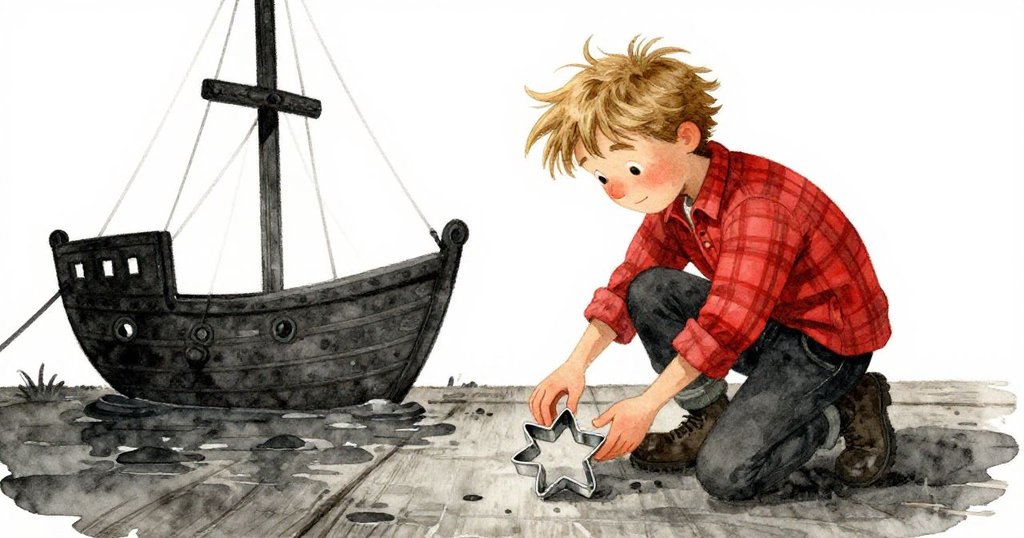 芬恩小心拿起金屬星形餅刀，手法細膩與濕潤木板互動，背景中有海上建造的神秘細節，充滿好奇