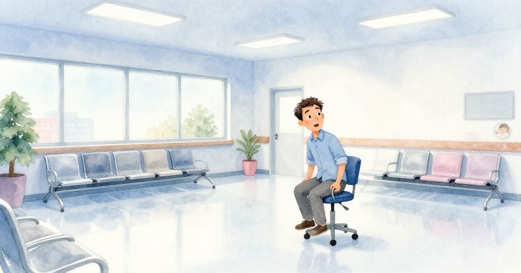 戴爾在現代診所大廳中移動，環境整齊，椅子、桌子、窗外景色映襯故事開端的活力