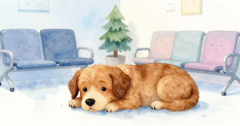 療癒犬靜臥在角落中安然休息，環境恢復平靜，柔和光線映襯故事終章的寧靜氛圍