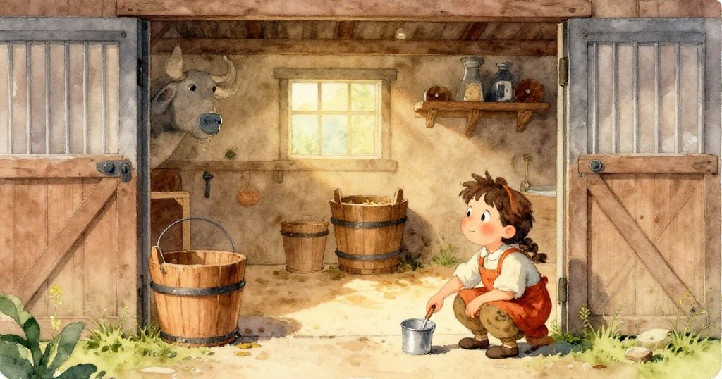 農舍外景展現開放門戶,內有料倉、木桶與生鏽鷹形風向標,陽光柔和,展現鄉村早晨新奇探索。