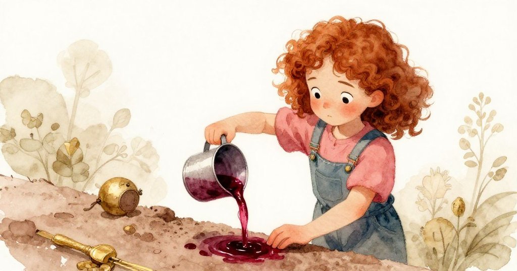 從低角度看見Sage蹲在桶旁,小心倒出鮮豔甜菜染料,表情專注,展現創意的瞬間。