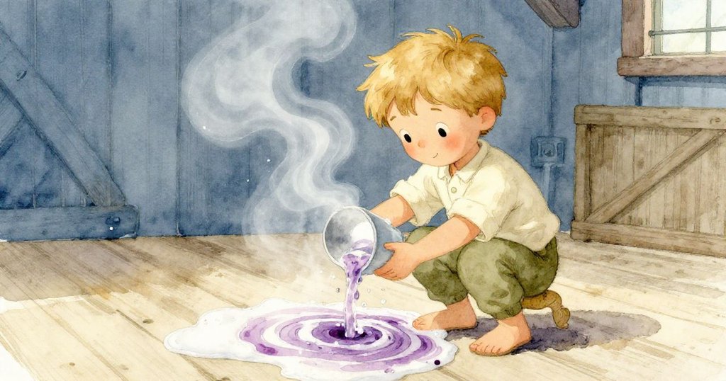 時間流轉中,Finn輕柔倒入皂水與Sage染料交融,地板上形成紫色旋渦,蒸氣伴隨乾草香氣。