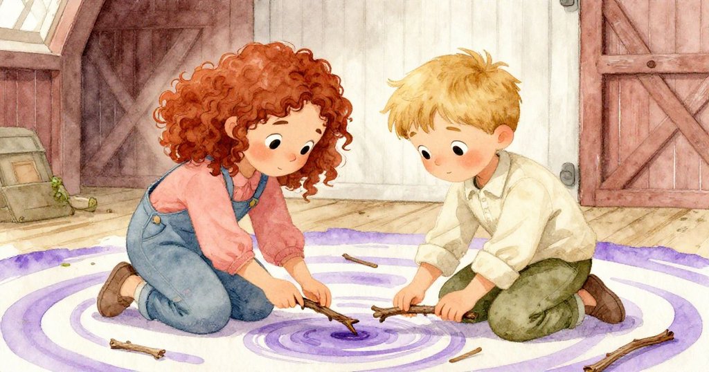 Sage與Finn並肩合作,用細棒引導漂浮稻草與泡沫,笑容燦爛互動,展現創意與友愛情誼。