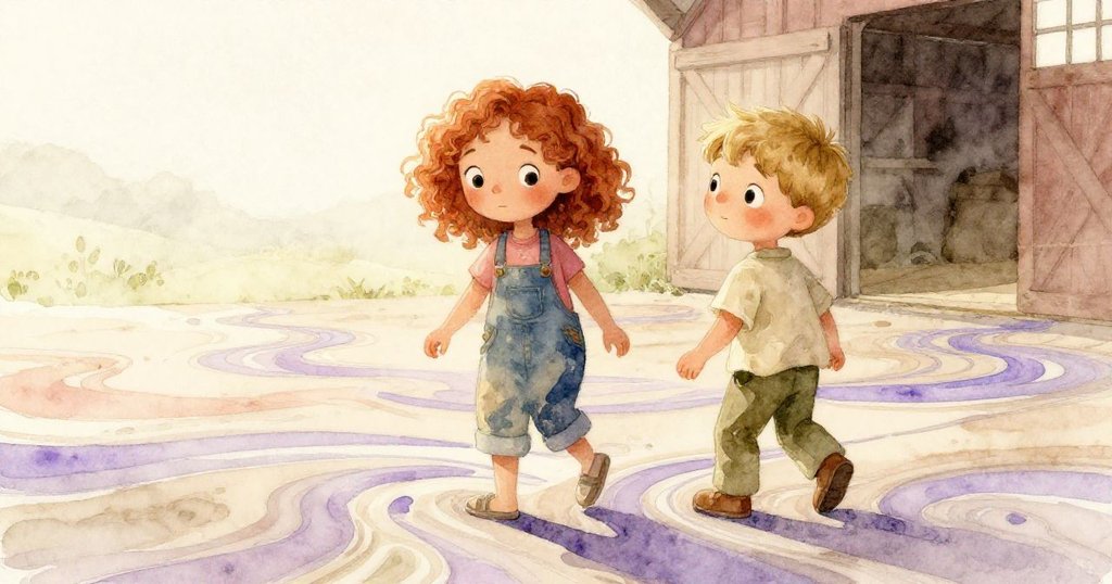 Sage與Finn結束創作,鞋上沾有紫色斑點,凝望彩色地板,散發滿足與溫馨告別創意旅程之情。