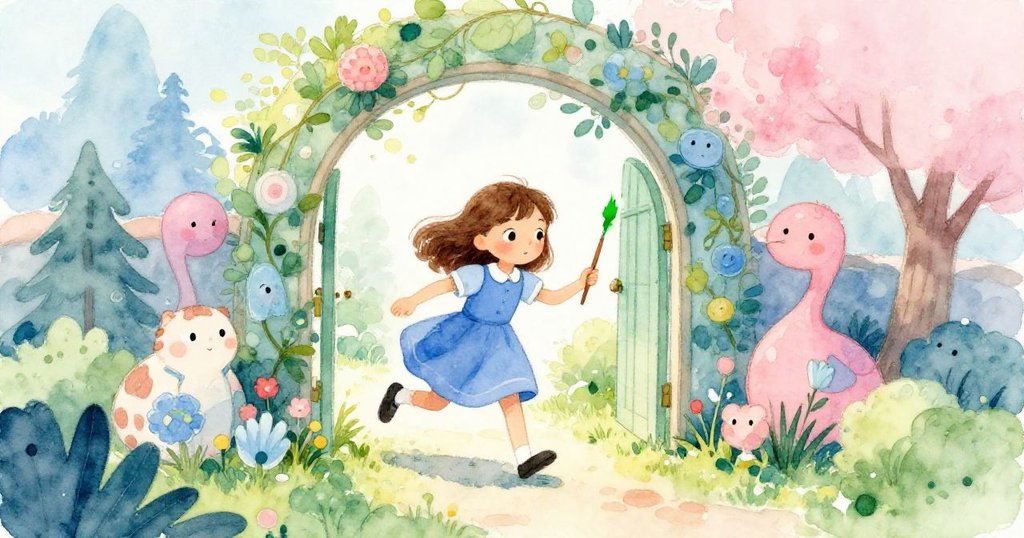 Tara 踏入充滿晨光的庭院入口,手持綠色油漆刷,臉上洋溢著興奮與好奇之情,進入冒險開始。