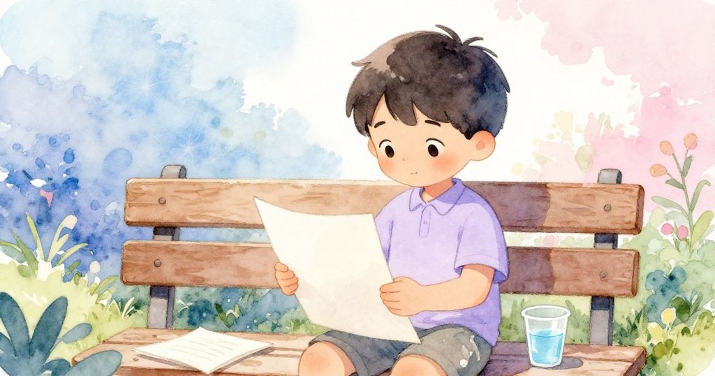 Rafe 正在小木凳上穩住一張紙張,旁邊塑膠杯差點滑落,畫面溫馨且充滿期待。