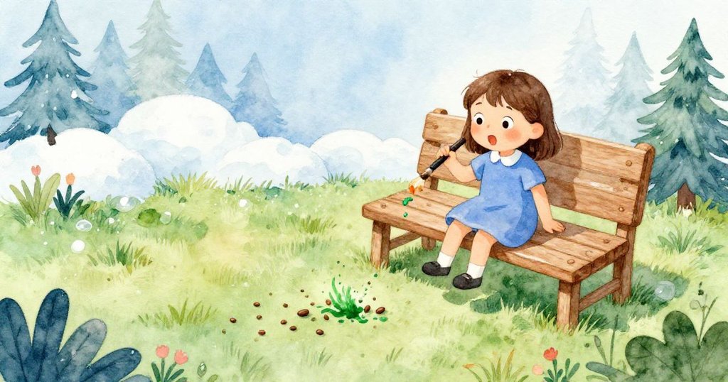 從高處俯視小庭院,看到Tara驚訝表情與油漆刷甩動畫出種子滾落的情景,場景充滿活力與溫馨。