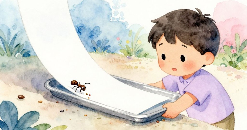 Rafe 輕滑托盤接住移動的紙張,一隻小螞蟻正用彩色種子作為禮物傳遞,畫面靜謐而溫馨收尾。