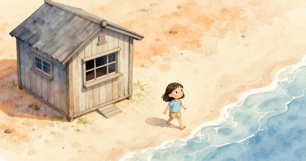 Luna正漫步在寬闊沙灘上，遠處木屋低窗被灰塵覆蓋，清晨光線柔和，故事由開端展開