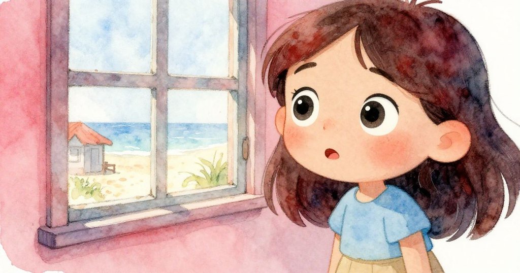 Luna特寫眼神，凝望著覆塵窗戶，眼中閃爍好奇光芒，情緒由探索開啟向發現發展