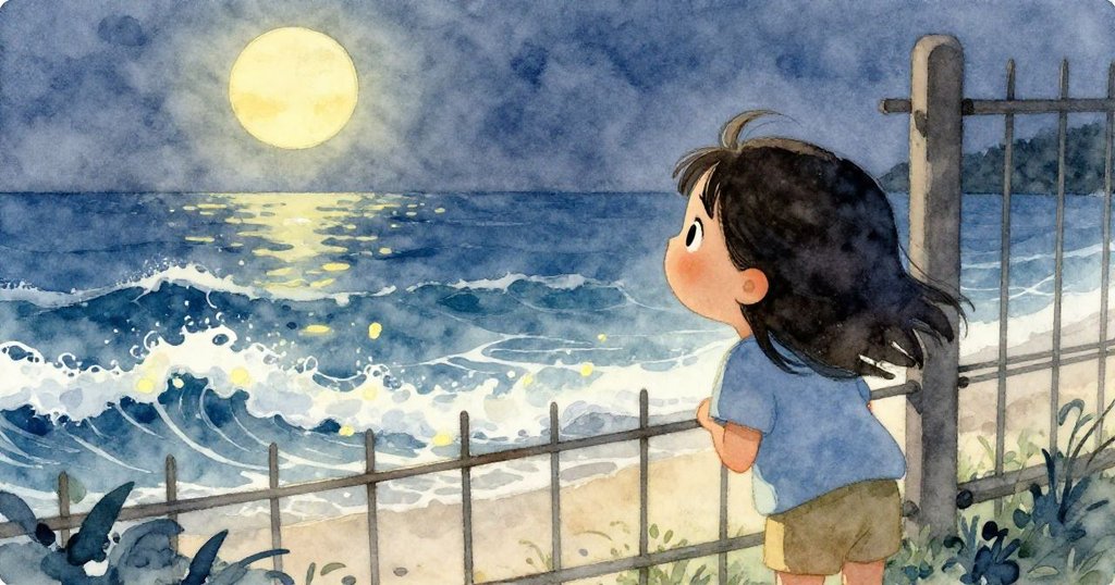Luna從籬笆缺口向外窺望，波光粼粼的夜海映入眼簾，情緒從好奇轉為沉浸探索