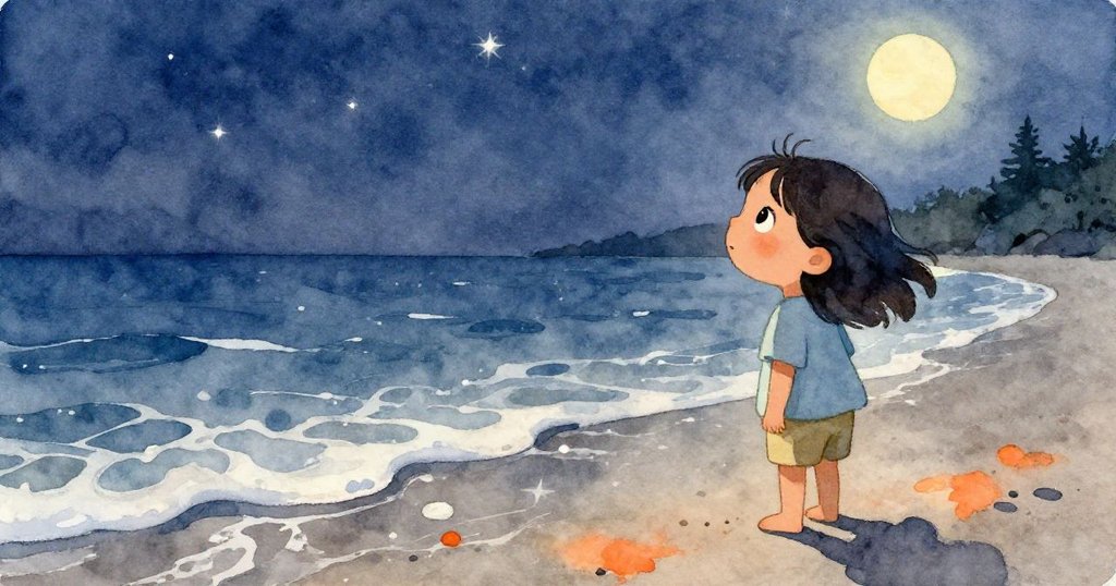 夜幕低垂，沙灘上浪花輕拍暗岸，星光閃爍，Luna靜默欣賞夜色轉變，情節由發展邁向高潮