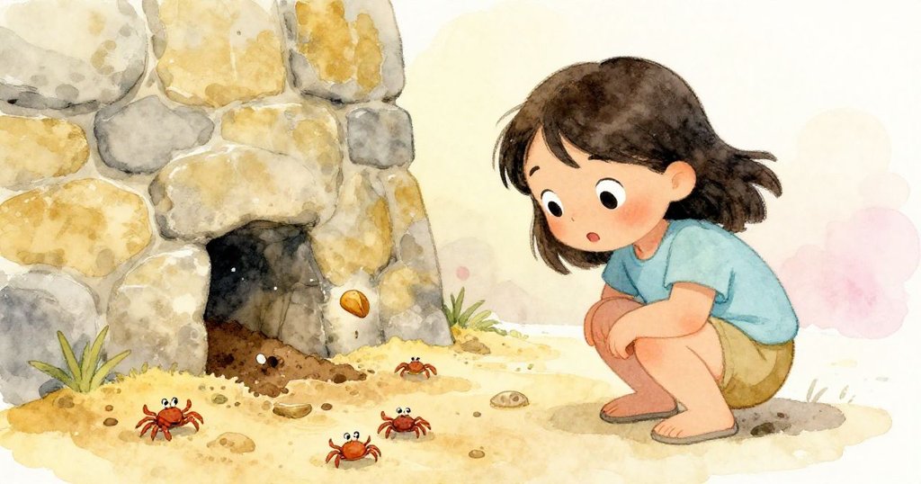 Luna蹲在石牆邊，觀察螃蟹在快速挖沙中嬉戲，一隻螃蟹掉落貝殼，發現瞬間充滿驚奇