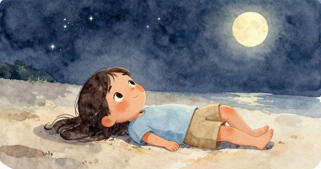Luna安睡在柔軟沙灘上，夜空繁星閃爍，溫柔月光環繞，從探索到平靜結束故事情境