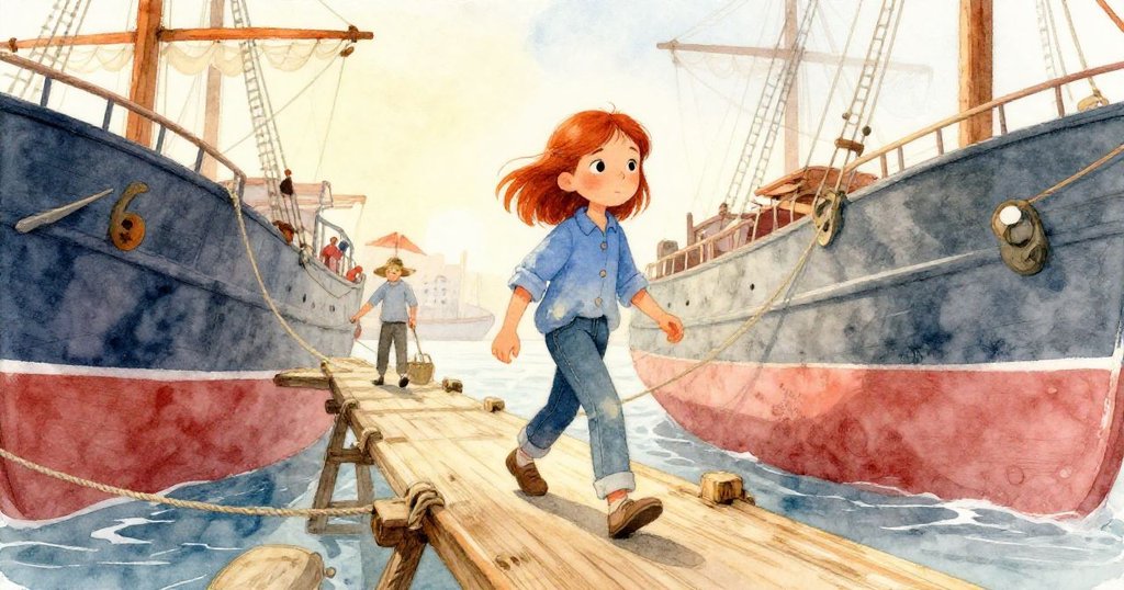 可拉在傾斜角度的船塢橋上行走，環境忙碌，她滿懷好奇與堅定目光探索船隻。