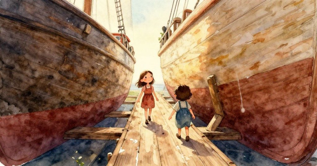 在微移木樑下，清水滲透木縫，海泡攜帶微小貝殼在朦朧水光中靜靜展示。