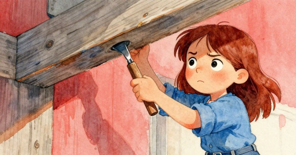 可拉緊握鑿子，在微移木樑下專注作業，臉上流露嚴肅與堅定神情，水跡隱現不安氛圍。