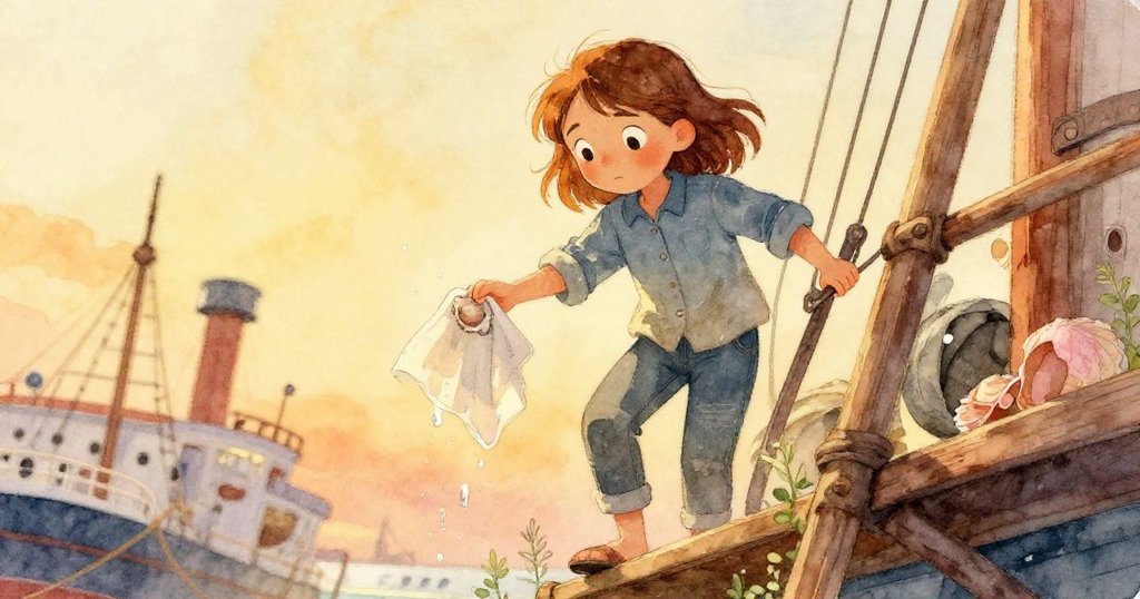 可拉完成木板修補後離開橋面，手持濕布與小貝殼，環境溫暖寧靜展現勞作後的安心與驚喜。