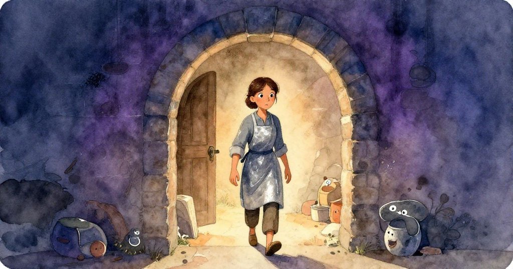 Vera 手持陶槌走進古老窯口，溫暖琥珀光映襯磚牆和煙灰，臉上顯露堅定好奇，開啟冒險序章。