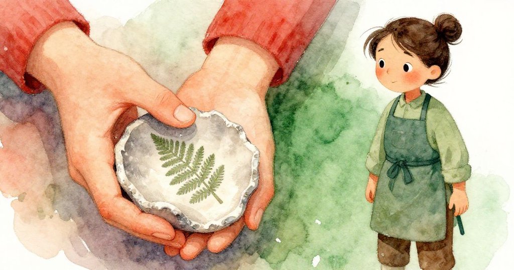 Vera 仔細端詳刻有蕨痕的陶瓷碎片，柔和光線照亮碎片質感，細膩灰燼隱現，展現探索中發現的秘密。