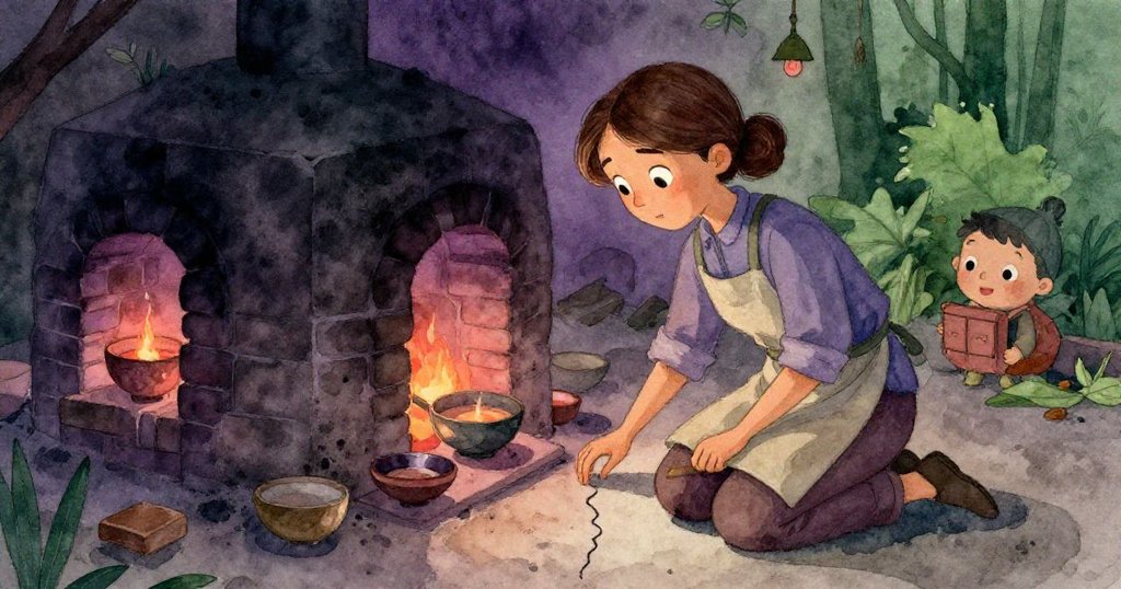 Vera 膝著身子仔細觸摸窯爐上刻意留痕，前景顯現冷卻碗與陶瓷碎片，背景磚牆溫柔發光，層次豐富。