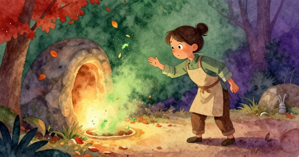 Vera 靜觀轉動的通風石釋放細綠粉，在琥珀光中輕舞，彷彿秋葉飛揚，氛圍神秘而充滿詩意。