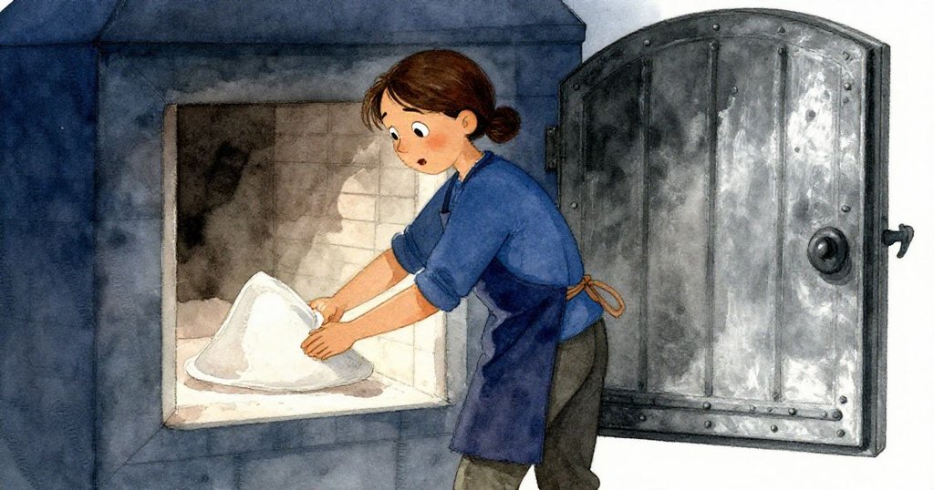 Vera 鬱勃眉宇調整通風閥，圍裙繩輕微顫動，面對窯爐持續轟鳴與熱浪時流露堅毅與猶豫。