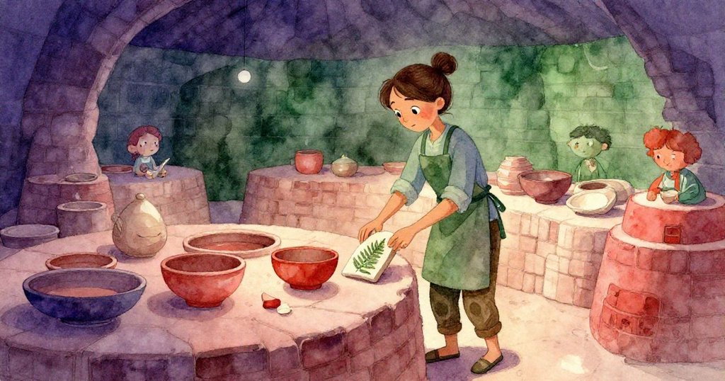 Vera 在廣闊窯爐中精心擺放刻有蕨痕的陶瓷碎片與冷卻碗，動作細小卻滿含決心，象徵工藝結束與內心平靜。